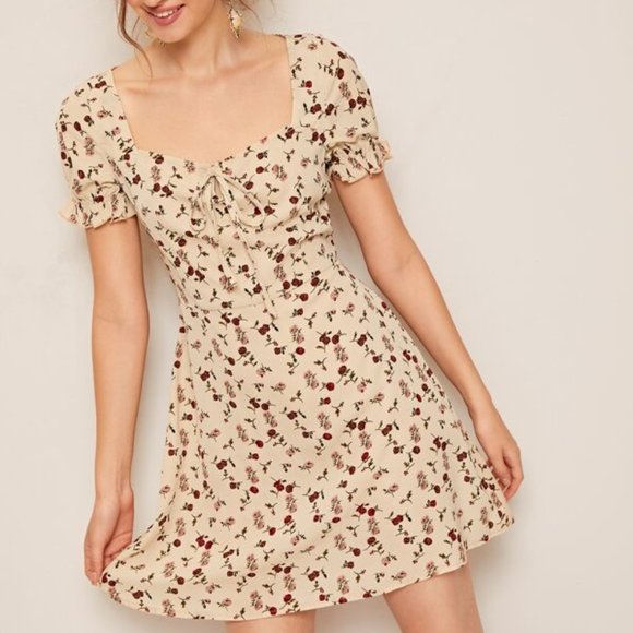 SHEIN Ditsy Rose Floral Print Ruffled Mini Dress - Picture 1 of 4